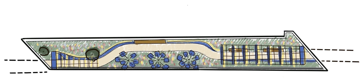 Sketch plan of the Energy Garden from above. A ribbon of path runs the length of the garden between colourful planting, with solar trees in the middle and a solar pergola at each end.
