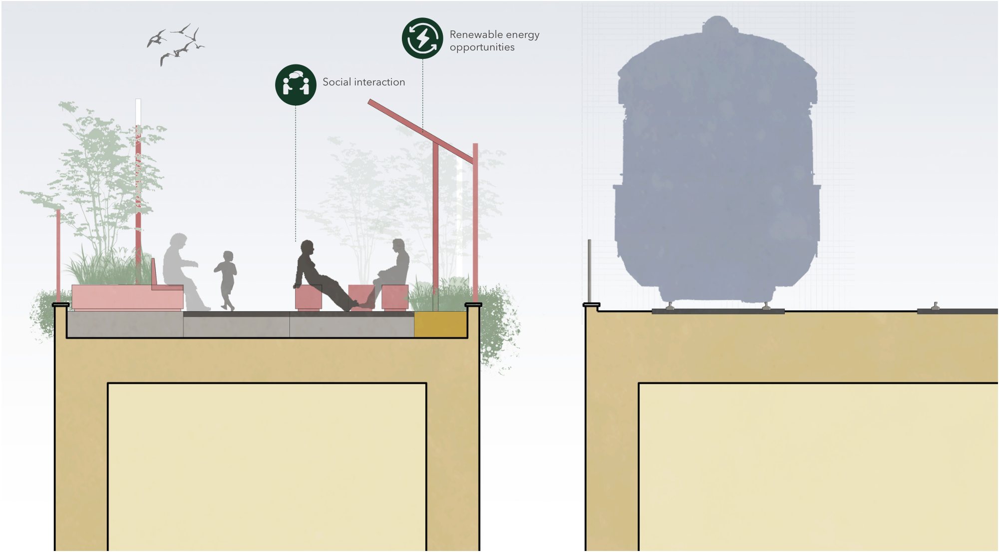 Cross-section through the Energy Garden. On the left, people sit and chat under a solar pergola among grasses on the viaduct deck. On the right, a train passing on the live railway viaduct alongside.