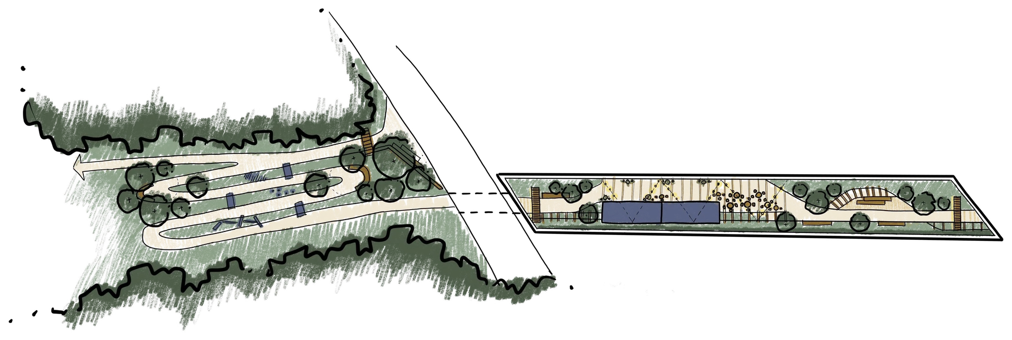 Sketch plan of the Faith Garden from above. A winding path climbs through planting beside the station, then the first stretch of the viaduct holds a terrace, an old railway carriage and play along the edges.