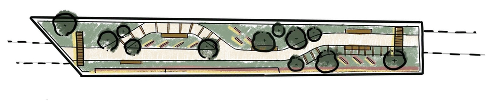 Sketch plan of the History Garden from above. A path winds between clusters of trees, with old railway tracks laid through the planting and a long screen along one edge.