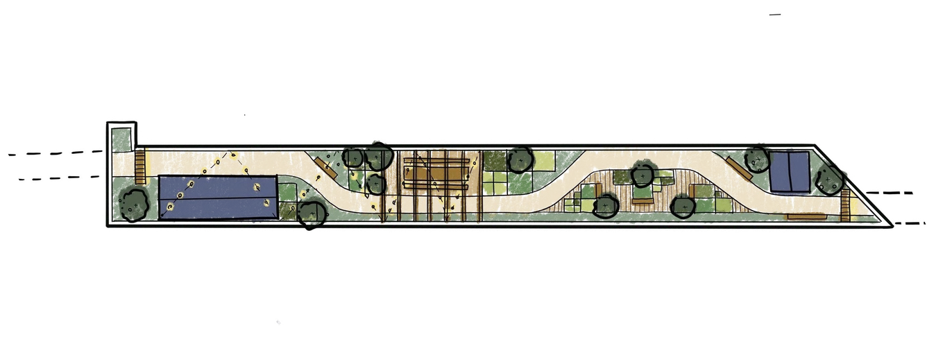 Sketch plan of the Hope Garden from above. A greenhouse sits near the entrance, a path curves past a long table under a pergola, and stepped planters and growing beds fill the far end.