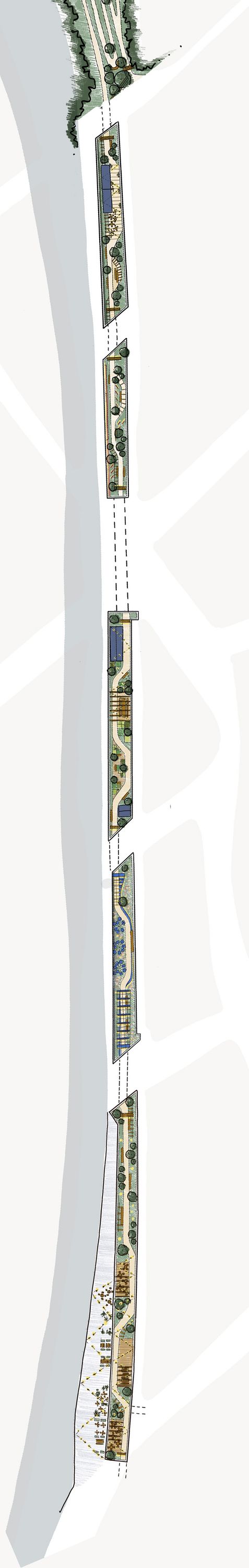 Sketch plan of the whole route by our landscape architects, Greenwood-Hill, from the station on the left to the canal and the Victoria Business Centre on the right, with the five gardens drawn in along the viaduct.