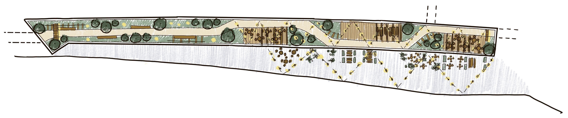 Sketch plan of the Sky Garden from above. Trees and benches line the first half, then terraces open out towards the end of the viaduct, with tables and festoon lights spilling down to the business centre below.